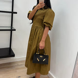 Robe chemise midi à manches bouffantes – Kaki
