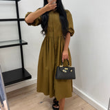 Robe chemise midi à manches bouffantes – Kaki