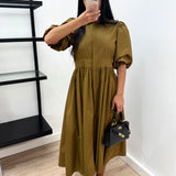 Robe chemise midi à manches bouffantes – Kaki
